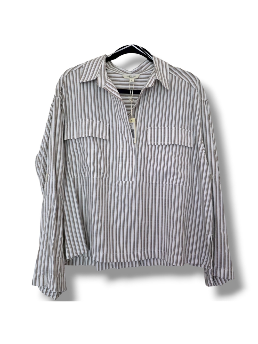 Max Studio Women’s Khaki/White Roll-Tab Double Pocket Collared Shirt Size Large - Picture 2 of 6
